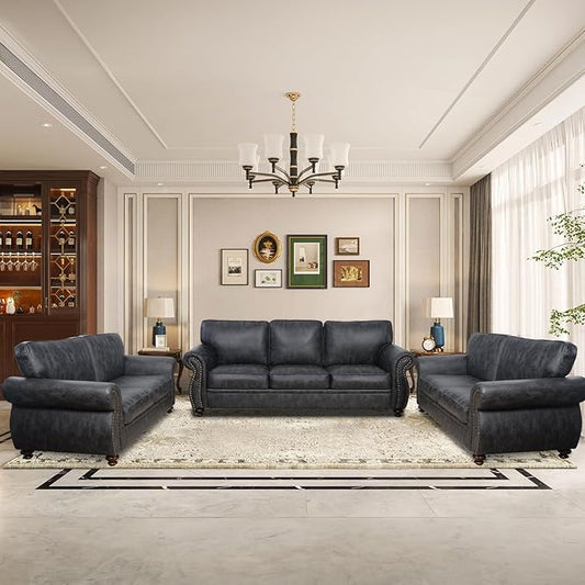Living Room Furniture Sets,Sofa Sets and Couch Sets for Living Room,Mid-Century Vintage Sofa Couches with Rivet Design (Grey, 2 Loveseat+3 Seater)
