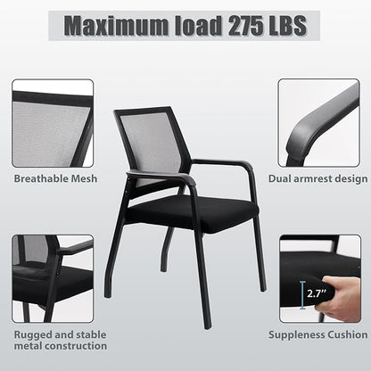 Ergonomic Mesh Guest Chair – No Wheels, Lumbar Support Design, Thick Cushion & Padded Arms – for Office Reception, School, Church Waiting Rooms, Lobby – Black 4PK
