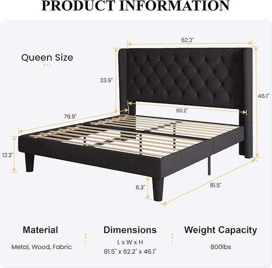 SHA CERLIN Queen Size Platform Bed Frame with Upholstered Headboard and Wingback, Button Tufted Design, Easy Assembly, No Box Spring Needed, Black
