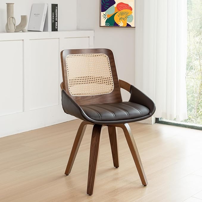 Set of 1 Swivel Rattan Dining Chair - Mid Century Modern Dining Chair with Bentwood Frame, Ergonomic Cane Back, Curved Arms, Faux Leather Swivel Chair for Kitchen/Restaurant (Walnut Brown, Set of 1)