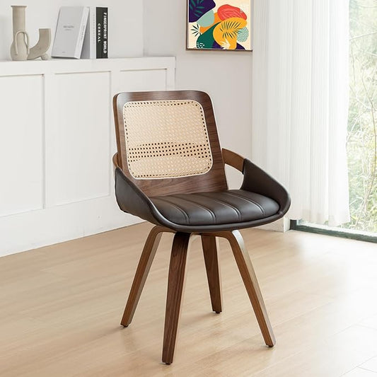 Set of 1 Swivel Rattan Dining Chair - Mid Century Modern Dining Chair with Bentwood Frame, Ergonomic Cane Back, Curved Arms, Faux Leather Swivel Chair for Kitchen/Restaurant (Walnut Brown, Set of 1)