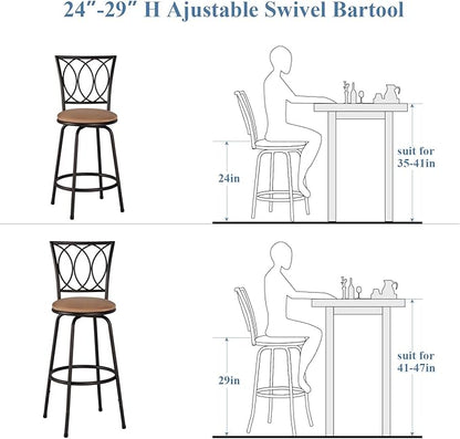 VECELO Adjustable Height Barstools 360 Degree Swivel Sturdy Steel Bistro Pub Chair/Comfortable Round Seat Cushions-Set of 2, Style B, Retro Brown