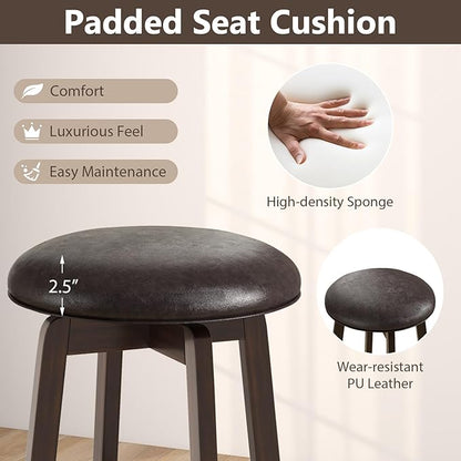 COSTWAY 29-Inch Swivel Bar Stools Set of 2, Upholstered Barstools w/PU Leather Seat & Solid Rubber Wood Legs, Mid-Century Backless Round Bar Height Stools w/Footrest for Kitchen Home Bar