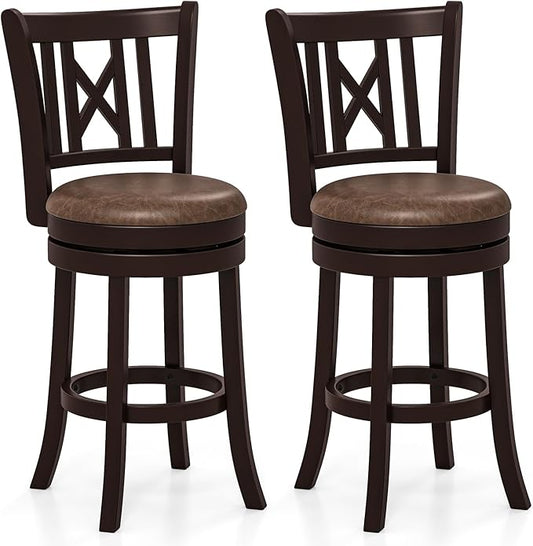 COSTWAY Bar Stools Set of 2, 26” Swivel Bar Chairs with Footrest, Rubber Wood Frame & Hollowed Backrest, Leathaire Counter Height Stools, Padded Counter Stools for Kitchen Island & Pub (2, 26'')
