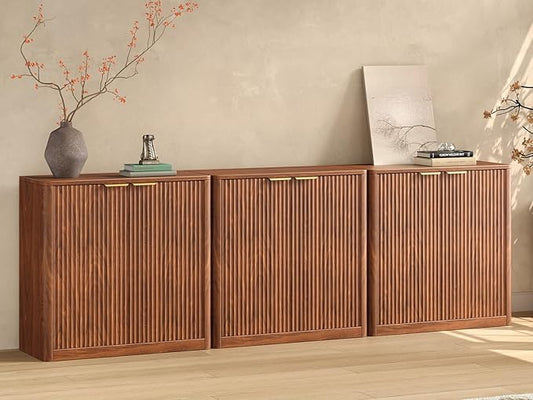 Evermagin 94.5" Walnut Buffet Cabinet with Storage, Large Sideboard Cabinet, Mid Century Modern Accent Credenza, Fluted Console Table with Doors for Dining Room, Kitchen, and Living Room