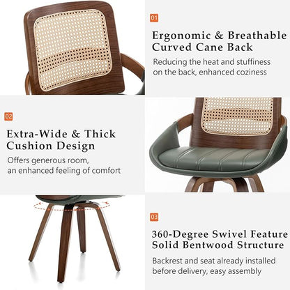 Set of 2 Green Rattan Dining Chairs - Mid Century Modern Dining Chairs with Walnut Bentwood Frame, Ergonomic Rattan Back, Curved Arms, Versatile for Living Room/Conference/Kitchen (Walnut Green)