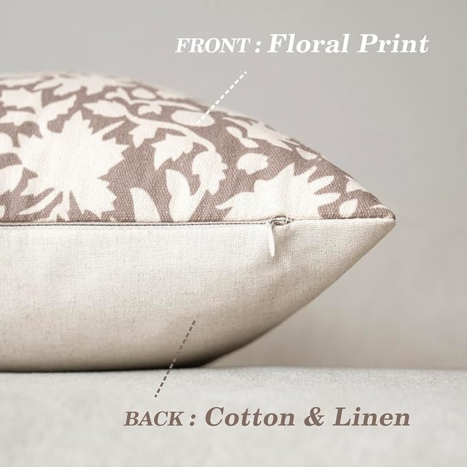 Foindtower Set of 2 Decorative Neutral Floral Throw Pillow Covers Accent Farmhouse Cushion Covers Boho Vintage Pillowcase for Couch Sofa Bedroom Living Room Home Decor,18×18 Inch,Tan