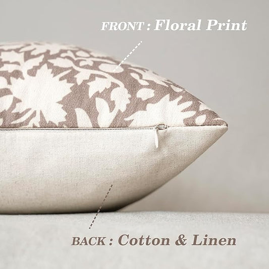 Foindtower Set of 2 Decorative Neutral Floral Throw Pillow Covers Accent Farmhouse Cushion Covers Boho Vintage Pillowcase for Couch Sofa Bedroom Living Room Home Decor,24×24 Inch,Tan