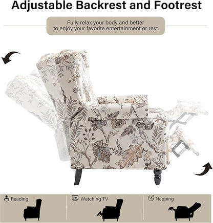 Recliner Chair, Upholstered Wingback Floral Pushback Armchair with Adjustable Backrest & Footrest, Comfy Accent Chair for Small Spaces, Living Room, Bedroom-Plants Beige, Set of 1