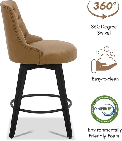 Watson & Whitely Modern Swivel Bar Stools, Faux Leather Upholstered Counter Height Bar Stools with Back, Solid Wood Legs, 26" H Seat, Set of 2, Cognac
