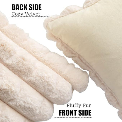 Neelvin Beige Faux Fur Cozy Soft Plaid Decorative Throw Pillow Covers 12x20 inch Set of 2,Velvet Pillowcase Cushion Case for Sofa Couch