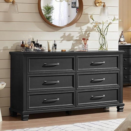 Farmhouse Bedroom Dresser and Nightstand Set of 4, 6 Drawer Low & 5 Drawers Dresser & 2 Drawer Nightstand Set, Rustic Wood Bedroom Furniture Set for Livingroom, Hallway, Black
