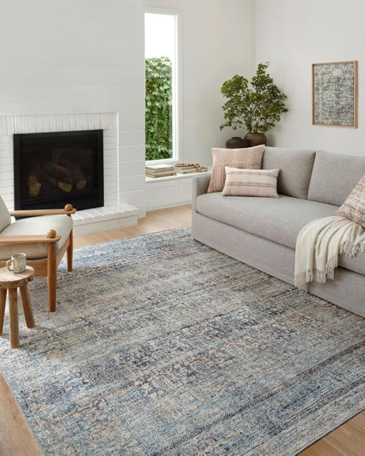 Loloi Amber Lewis Billie Collection, Denim & Blush 2'-6" x 7'-6" Area Rug – Antique & Distressed Accent Rugs for Living Room, Bedroom, Entryway & Hallway, No Shed High Traffic Area Home Decor Rug