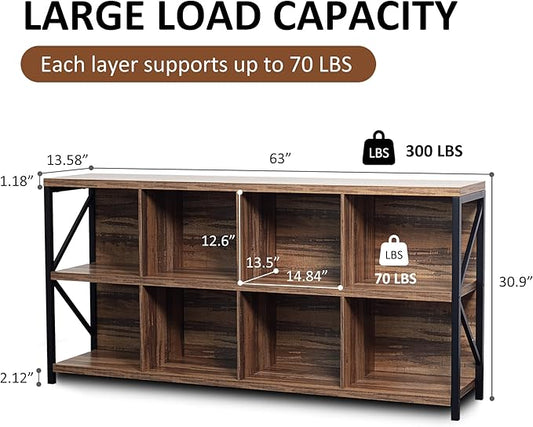 8 Cube Storage Organizer Bookshelf, Industrial Horizontal Bookcase, Accent Cubby Shelf, Media Console Table for Living Room, Home Office, 13.6" D x 63" W x 30.9" H, Light Oak
