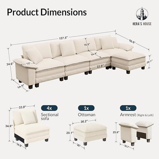 HERA'S HOUSE Oversized Modular Sectional Sofa, 158" L Shaped Cloud Couch with Ottoman and Throw Pillow, Mixed Fabric Sleek Couches for Living Room, Beige