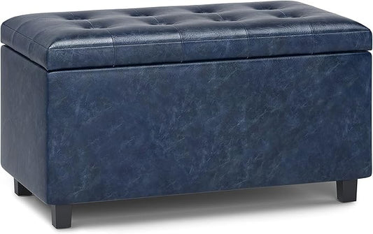 SIMPLIHOME Cosmopolitan Storage Ottoman - 34 inch Wide Upholstered Vegan Leather Rectangle Storage Ottoman Bench in Denim Blue, Transitional Tufted Ottoman for Living Room or Entryway with Lift-Up Lid