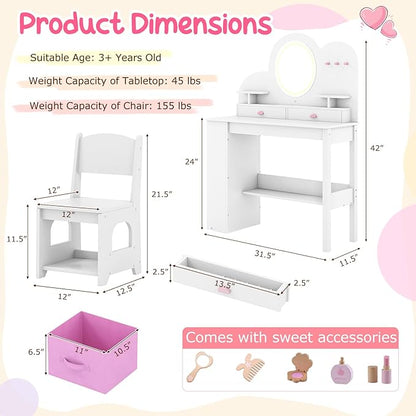 Costzon Kids Vanity, Girls Vanity Set with Lighted Mirror, Bookshelf, Drawers, Hooks & Storage Shelves, Toddler Makeup Vanity Desk Dressing Table, Wooden Kids Vanity Table and Chair Set (White)
