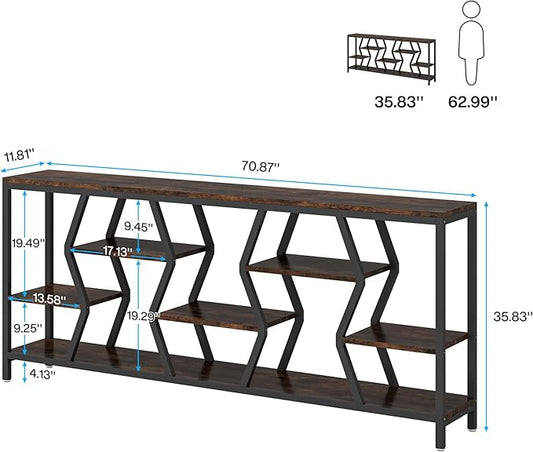 Tribesigns 70.9 Inches Sofa Console Table with 4 Tier Wood Storage Shelves, Industrial Extra Long Narrow Entryway Accent Tables for Hallway, Living Room, Foyer (Rustic Brown)