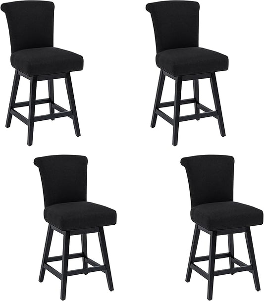 Bar Stools Set of 4, 26 Inch Upholstered Barstools with 15.7" High Back and Footrest, Swivel Counter Height Barstools for Kitchen Island Home Bar Performance Fabric Black