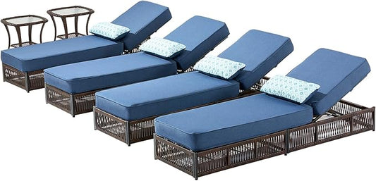 Luxury Outdoor Chaise Lounge Chairs of 4 with 5 Inch Thick Cushions and Side Table - 6 PCS High Back Brown Wicker Patio Recliners Lounger Furniture Set for Poolside Sunbathing - Navy Blue