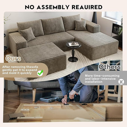 107.5" Cloud Sectional Couch with 1 Ottoman,Modern Modular Sofa with Deep Seat, Comfort U Shaped Sofa Couches for Living Room Bedroom Apartments,No Assembly Required, (Camel,Right Facing Chaise)