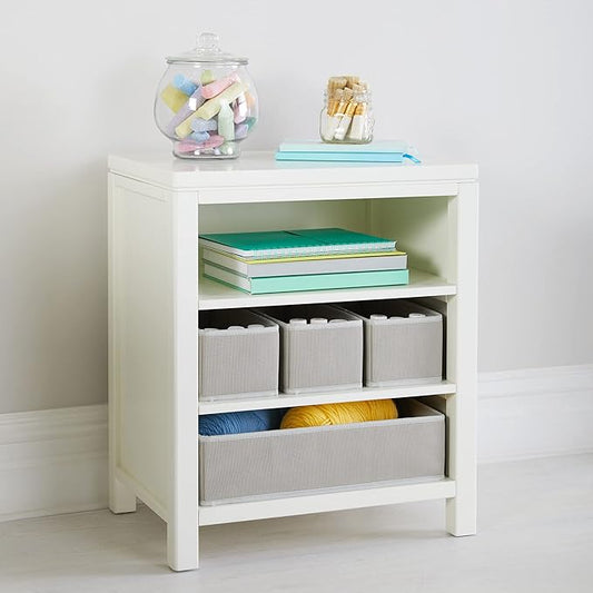 Martha Stewart Crafting Kids' Open Storage -Linen White: Wooden Shelving with Bins for Art Supplies, Single-Sided Organization with Compartments
