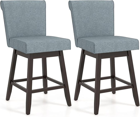 COSTWAY Swivel Bar Stools Set of 2, 27" Counter Height Bar Chairs with Rubber Wood Legs, Upholstered Linen Barstools with Back & Cushioned Seat, for Kitchen Island, Home, Grey