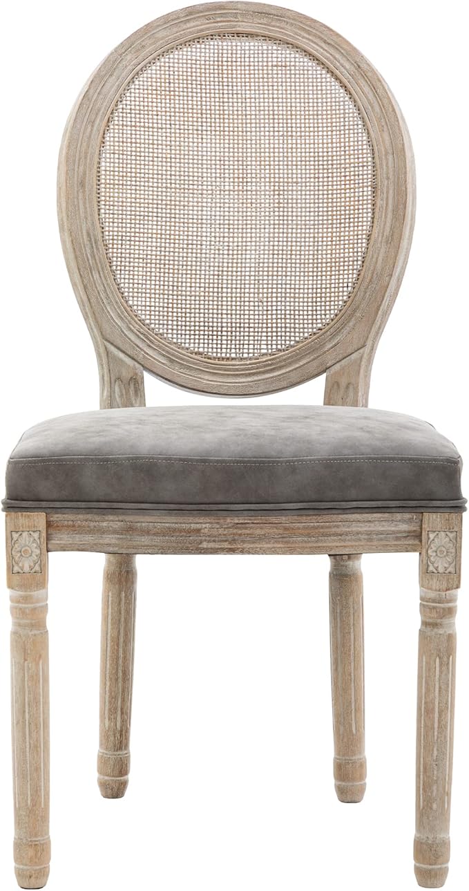 Farmhouse Leather Dining Room Chairs Set of 4 French Dining Chairs with Round Rattan Back French Bistro Chairs for Dining Room/Living Room/Kitchen/Restaurant, Grey