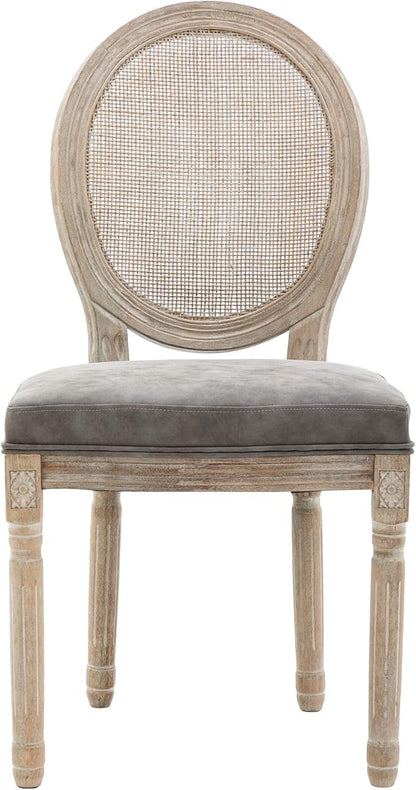 Farmhouse Leather Dining Room Chairs Set of 2 French Dining Chairs with Round Rattan Back French Bistro Chairs for Dining Room/Living Room/Kitchen/Restaurant, Grey