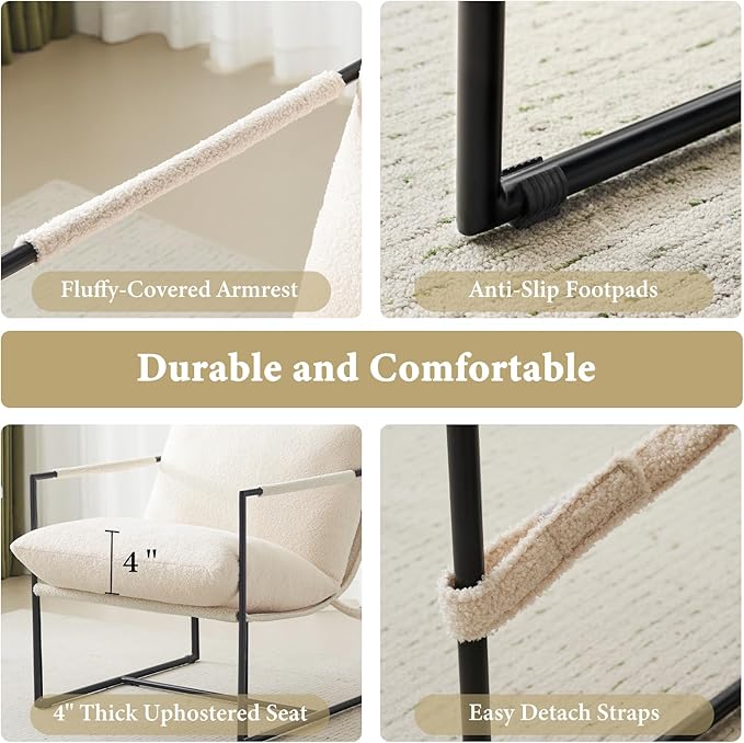 Furnilivng Large Sling Accent Chair, Comfortable Boucle Fabric Arm Chair, Upholstered Cozy Reading Chair for Living Room, Bedroom, Dressing Room, Home Office, White
