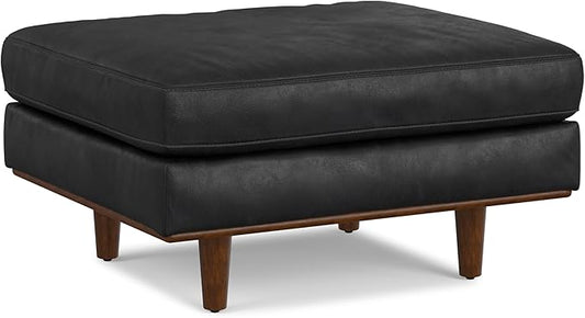 SIMPLIHOME Morrison 33 inch Wide Ottoman in Lead Black Genuine Leather, Multifunctional Footrest, Coffee Table, and Extra Seating for Living Room, Mid-Century Modern Style