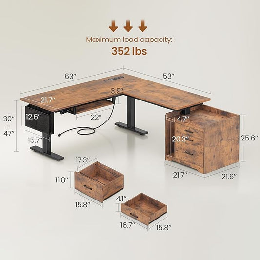 SEDETA L Shaped Electric Standing Desk with File Cabinet, 63 x 53'' Height Adjustable Home Office Computer Desk with 3 Drawers, Power Outlet, Stand up Gaming Table with Led Lights, Rustic Brown