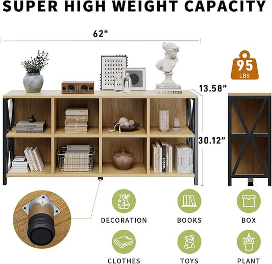 63" 8 Cube Horizontal Bookshelf Long Bookshelf Wood Cube Storage Organizer Wood Cubby Bookcase for Living Room Maple