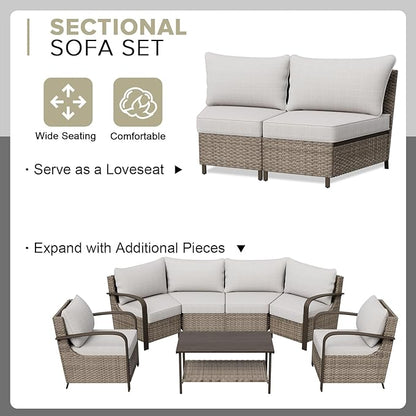 COOS BAY Aurora Terrace Half-Moon Outdoor Furniture Set, Rattan Conversation Set with Patio Chairs, Curved 4-Seat Sofa, Coffee Table, Seats 6, Beige/Beige