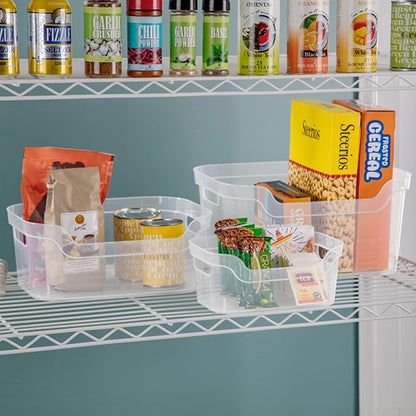 Sterilite 9.5 x 6.5 x 4 Inch Small Open Scoop Front Clear Storage Bin with Comfortable Carry Through Handles for Household Organization (32 Pack)