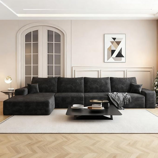 135.4'' Oversized Cloud Sofa Sectional Couch, Boneless Couch with L-Shape Chaise, Upholstered Compression Modular Sectional Sofa for Living Room, No Assembly Required (Black, Left Facing Chaise)