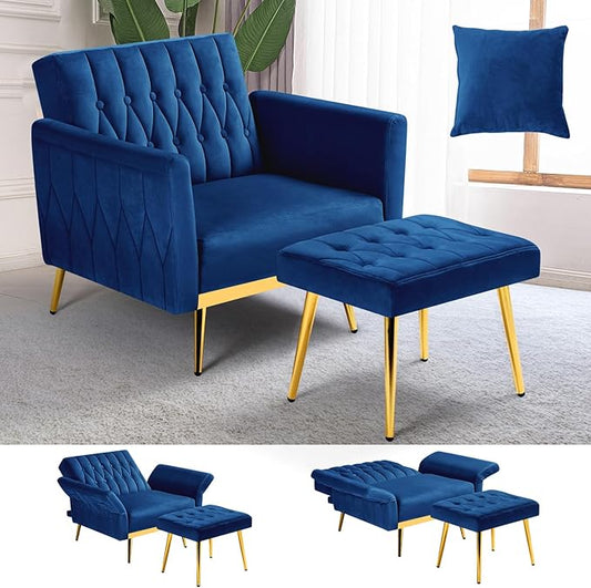 Velvet Accent Chair with Adjustable Armrests and Backrest, Button Tufted Lounge Chair, Single Recliner Armchair with Ottoman and Pillow for Living Room, Bedroom, Blue