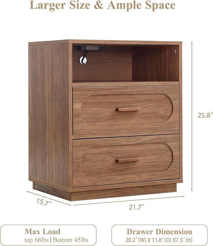 Walnut Night Stand with Charging Station, 21.7" Wide Wood End Table with 2 Storage Drawers, Open Shelf & Unique Base, Mid Century Modern Bedside Table for Bedroom, Living Room, Walnut
