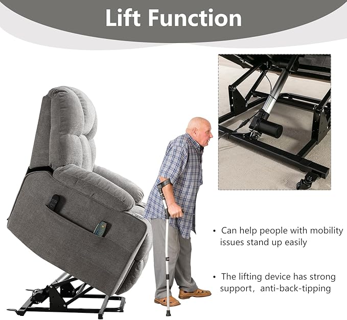 CANMOV Oversized Power Lift Recliner Chair for Elderly, Big and Tall Electric Recliner Chair with Massage and Heating, Dual Motor Heavy Duty Lift Recliner with USB Port, Cup Holders, Pockets, Grey