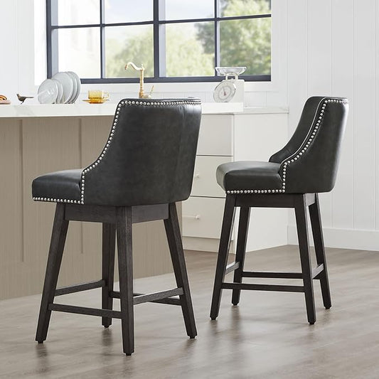 CHITA Counter Height Swivel Bar Stools Set of 2, FSC Certified Upholstered Counter Stools, Modern Swivel Barstools with Wood Legs for Kitchen Island, 26" Seat Height, Faux Leather in Retro Grey