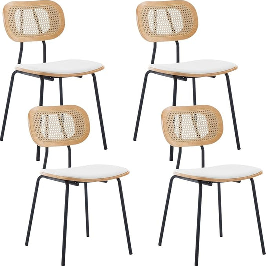 Mid-Century Modern Rattan Cane Back Dining Chairs Set of 4 — PU Leather Upholstered Seat, Black Metal Legs, Kitchen Side Chairs for Kitchen & Dining Room, White