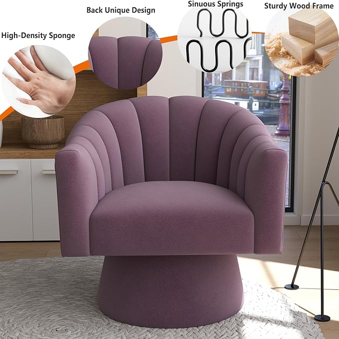 Swivel Accent Chair Set of 2, Upholstered Velvet 360° Swivel Barrel Chair for Living Room Overstuffed Bouncle Reading Chair Round Armchair for Bedroom,Vanity,Office (Purple)