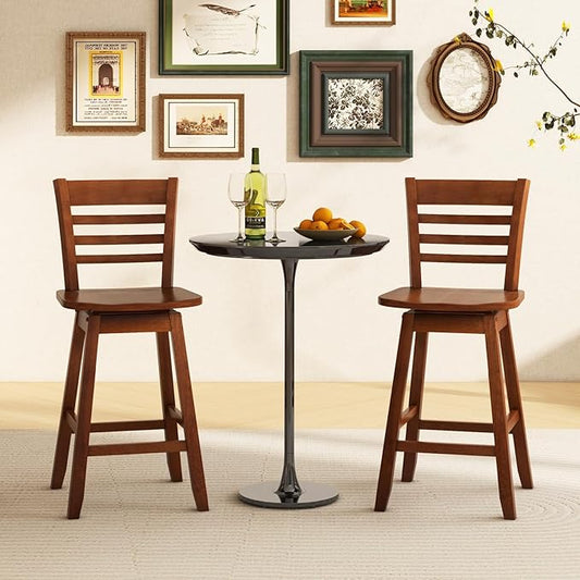 COSTWAY Bar Stools Set of 4, 24.5 Inch Swivel Counter Height Bar Chairs with Hollow Backrest & Contoured Seat, with Footrest for Kitchen Island, Pub, Bistro, Cafe (4, Walnut)