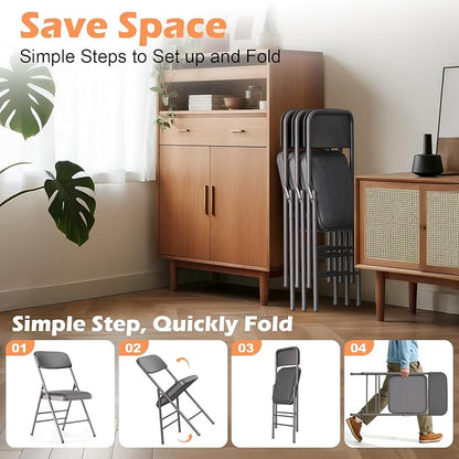 Folding Chairs 4 Pack with Padded Cushion and Back, Metal Folding Chairs with Comfortable Cushion and Durable Steel Frame Capacity for Home, Office, Party and Outdoor Events (PU-Grey, 4 Pack)