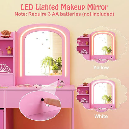 HONEY JOY Kids Vanity, Little Girls Vanity Set with Mirror and Stool and Lights, Wooden Princess Makeup Dressing Table, Storage Box & Shelf, Pretend Play Kids Vanity Table and Chair Set(Pink)