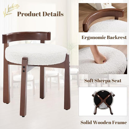 Modern Vanity Chair Upholstered Small Ottoman Footstool, Make Up Stool Sherpa Fabric with Backrest Wooden Frame for Living Room Bedrooms, 1PC, White