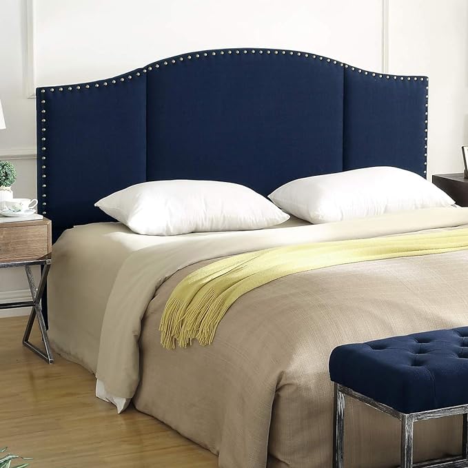 24KF Middle Century Linen Upholstered Tufted Queen Size Headboard with Antique Brass Nails Queen/Full headboard -Navy Blue