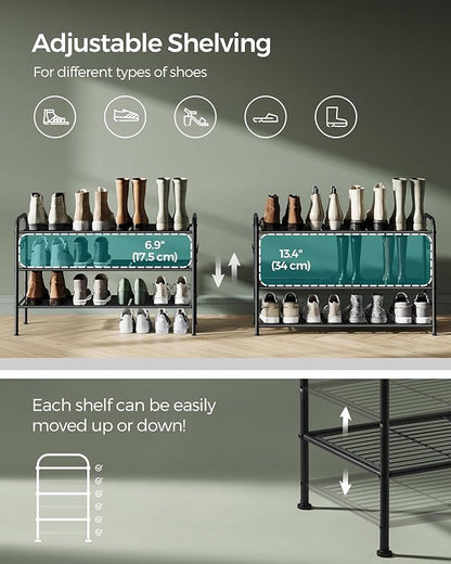 SONGMICS Shoe Rack, 3-Tier Shoe Organizer, Metal Shoe Shelf Storage with 4 Side Hooks, Holds 15 Pairs of Shoes, Height-Adjustable Shoe Rack for Entryway, Hallway, Closet, Easy Assembly, Ink Black