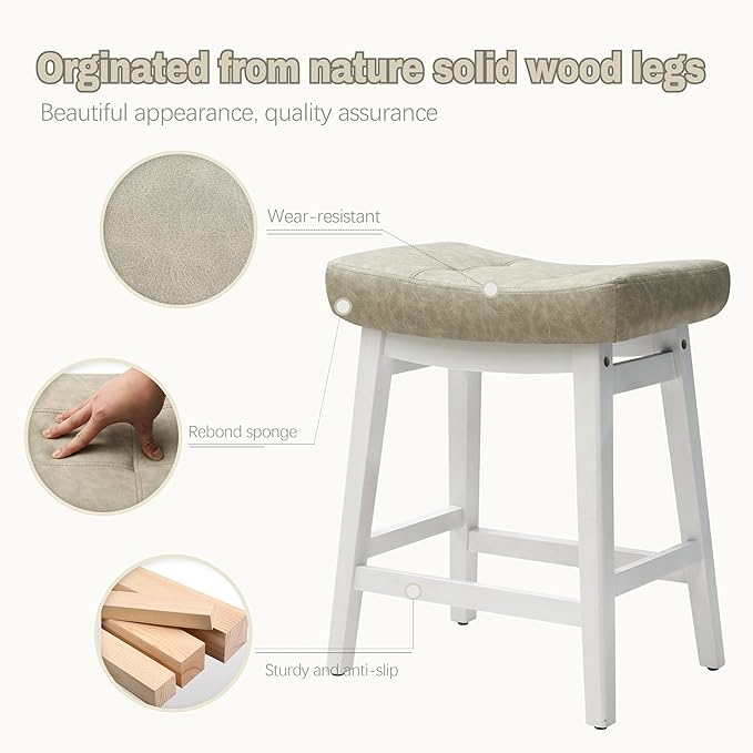 Counter Height Bar Stools Set of 4 for Kitchen Counter Farmhouse Modern Barstools with Faux Leather Upholstered Backless Seat and Solid Wood Legs 24 inch Bar Chairs, Light Grey + White