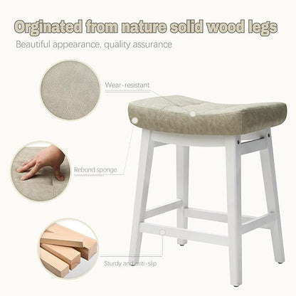 Counter Height Bar Stools Set of 2 for Kitchen Counter Farmhouse Modern Barstools with Faux Leather Upholstered Backless Seat and Solid Wood Legs 24 inch Bar Chairs, Light Grey + White